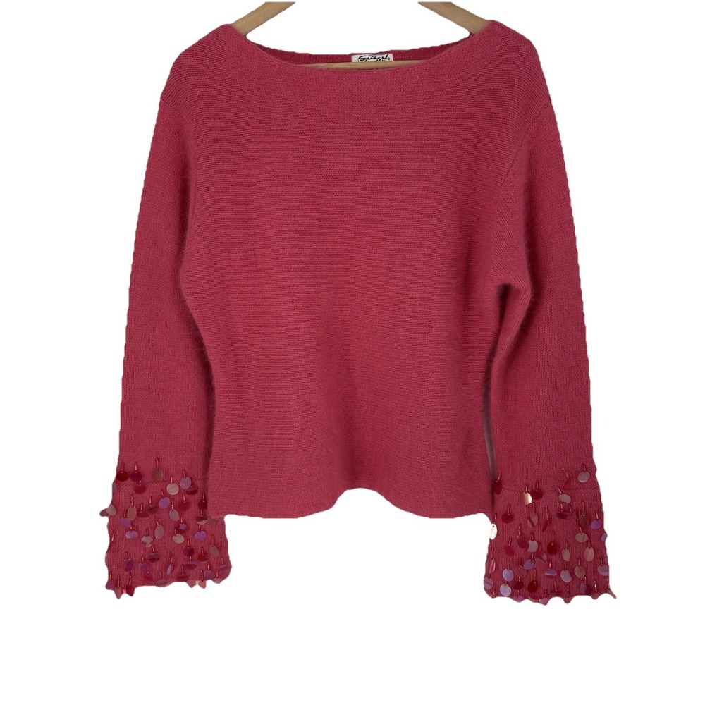 Vintage Spiegel Womens Wool Angora Sweater Size XL Pink Flare Beaded Sleeves